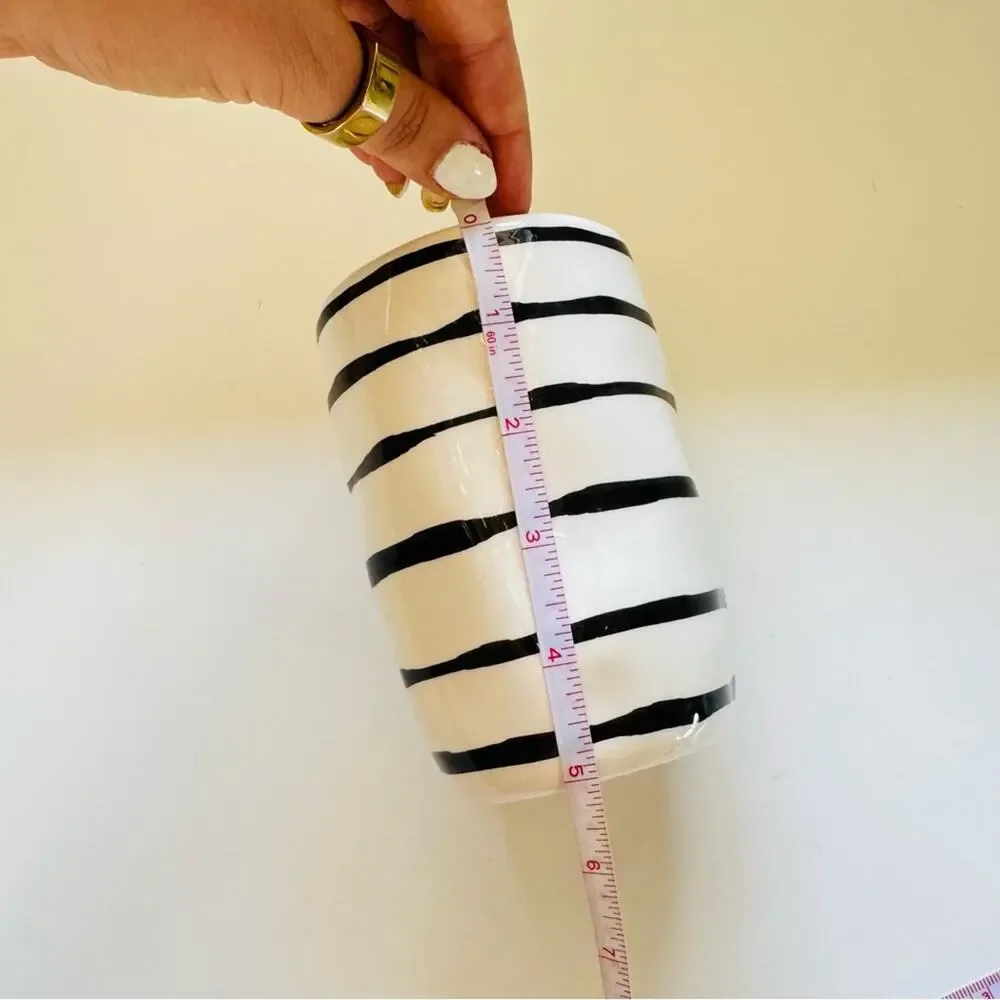 VINTAGE ANTHROPOLOGIE White Black Striped Gloss Ceramic Vase Planter Flower Pot